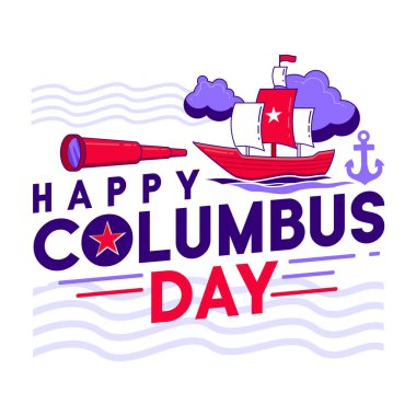 Beyaz zemin üzerinde kırmızı yelkenli gemi, teleskop, çapa ve deniz motifleri olan minimum Columbus Günü vektör çizimi. Kutlama kartları, reklamlar ve tanıtım amaçlı kullanım için mükemmel..