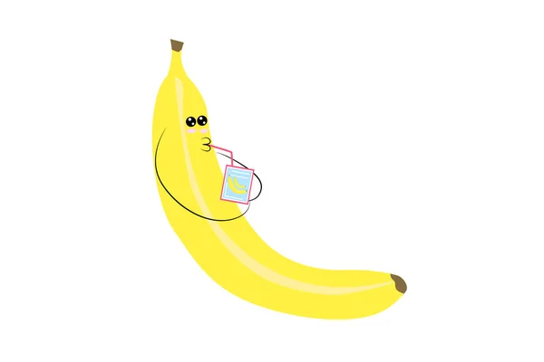 Eps Vector Lindo Kawaii Amarillo Plátano Está Bebiendo Leche Plátano — Vector de stock