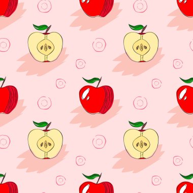 Elle çizilmiş elmalı ve pembe arkaplanlı kusursuz desen. Sonsuz baskı.