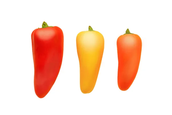Három Fehér Alapon Izolált Paprika Vörös Sárga Narancs Paprika — Stock Fotó