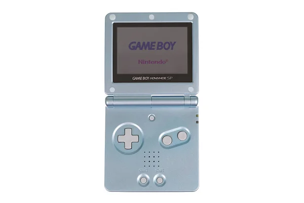 Un primer plano de un videojuego azul Nintendo Gameboy Advance SP Syst — Foto de Stock