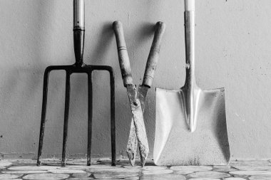 Metal Bahçe kazma çatal, bahçe makası makas, Metal Spade. İzole. Metin için yer kopyalayın.