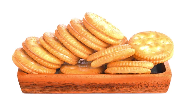 Kekse Auf Holzteller Weißer Hintergrund — Stockfoto