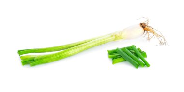 Beyaz arkaplanda yeşil soğan izole edildi