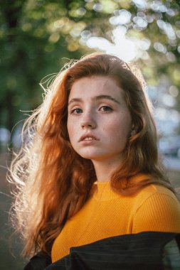 koyu sarı kazak poz içinde şehvetli güzel kızıl saçlı Genç kadın ağaç arka plan bulanık 