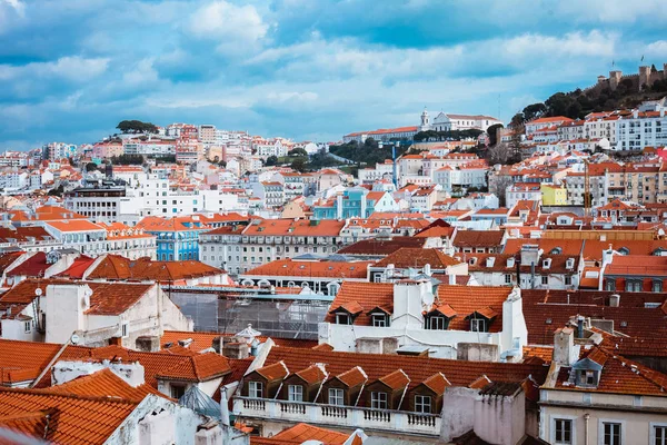 panoramic view of houses with red roofs in Lisbon, Portugal