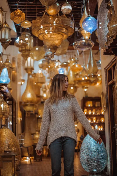 Woman Looking Beautiful Chandeliers Store — Stock Photo, Image