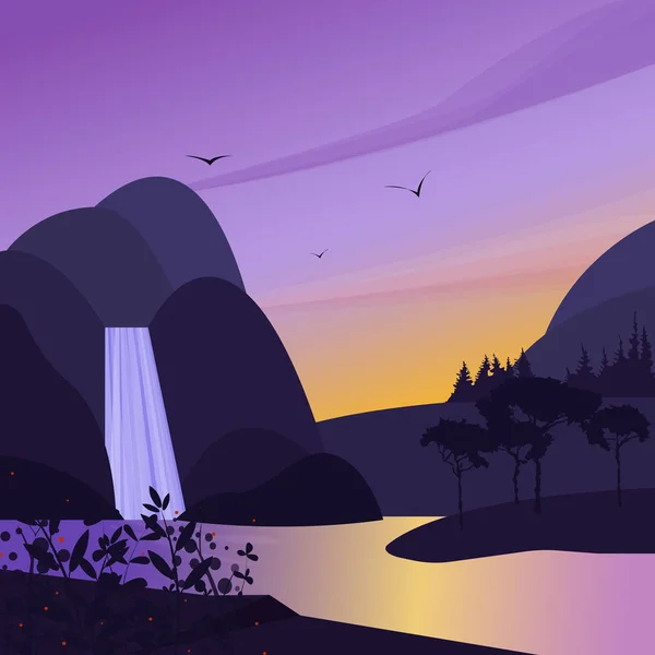 Landscape with mountains, waterfall and lake. Water stream simple vector. Cute flat illustration sunset or dawn.