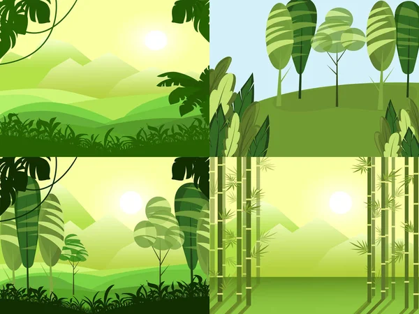 Набор векторных баннеров с мультяшным зеленым многоугольным пейзажем. Путешествие отдых небо горы деревья холмы. Фоновая иллюстрация — стоковый вектор