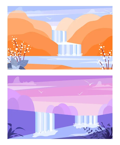 Векторные плакаты с горами, каскадом водопадов, рекой. Абстрактный пейзаж. Мультфильм фон с водяным потоком — стоковый вектор