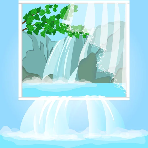Горный водопад. Охрана природы, защита окружающей среды. Вид на водопад из окна. Поток воды. Векторная иллюстрация крупным планом . — стоковый вектор