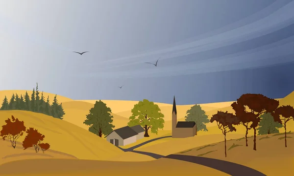 Automne Paysage rural avec un village et des collines avec des arbres. Pluie, ciel d'automne . — Image vectorielle