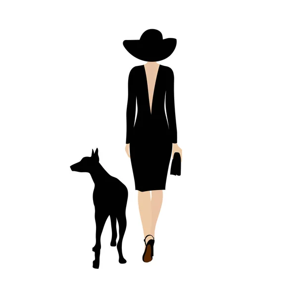 Silhouette woman and dog. Stylish woman walks with a black dog