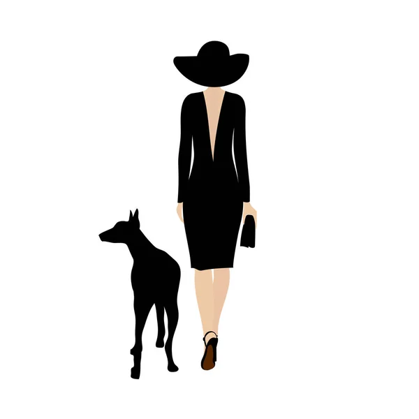 Siluet kadın ve köpek. Şık kadın siyah bir köpek ile yürüyor