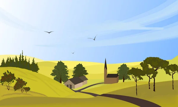 Paisagem rural. Freehand desenhado desenho animado ao ar livre estilo. Casas de fazenda, estrada sinuosa em prados, campos verdes. Dia ensolarado, céu azul, colinas. Vector aldeia paisagem cena fundo — Vetor de Stock