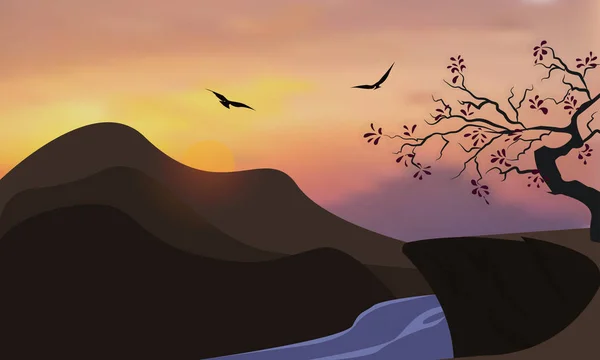 Dağların ve nehir panoramasının doğa arka planı. Vahşi vadide renkli gün batımı. Rüzgarlı gökyüzü. Kahverengi tonları