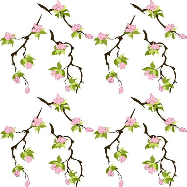 Basit çiçek dikişsiz desen. Kahverengi dalları üzerinde yeşil yaprakları ile pembe çiçekler. kiraz, sakura. Moda baskılar için zarif şablon. Vektör