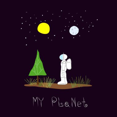 My Planet Universe Uzay dünya dışı yıldız astronot ay gökkuşağı seyahat kozmos astronomi grafik tipografi elemanı. El yazısı kartpostal. Sevimli basit vektör kağıt kesme kolaj - Vektör