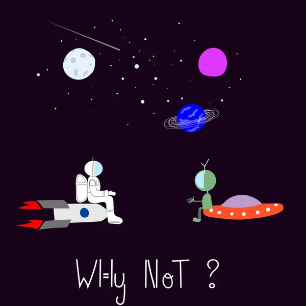 Neden Evren Uzay Astronotu Doğa Ufo Dünya Dışı Yıldız Yapıştırması Ay Seyahati Astronomi Grafik Tasarım elementi. Elle yazılmış kartpostal. Şirin basit vektör.