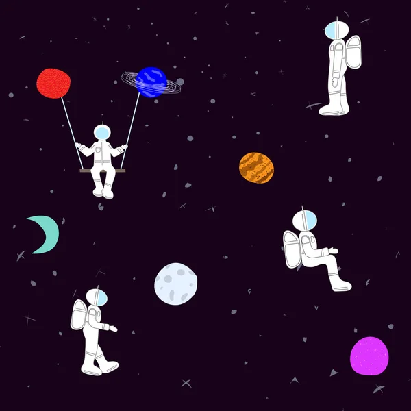 Universe Space Planet Star astronot sorunsuz desen ay seyahat kozmos astronomi grafik tasarım tipografi elemanı. El yazısı kartpostal. Sevimli basit vektör kağıt kesme kolaj - Vektör