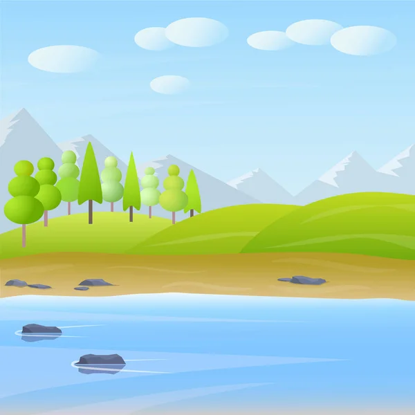 Vector bonito desenho animado paisagem plana com montanha, floresta, lago e nuvens ilustração . — Vetor de Stock