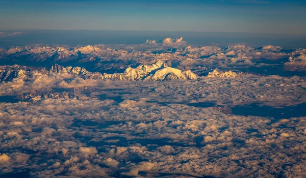 View Airplane Window Showing Clouds Mountains Central Europe — стоковое фото