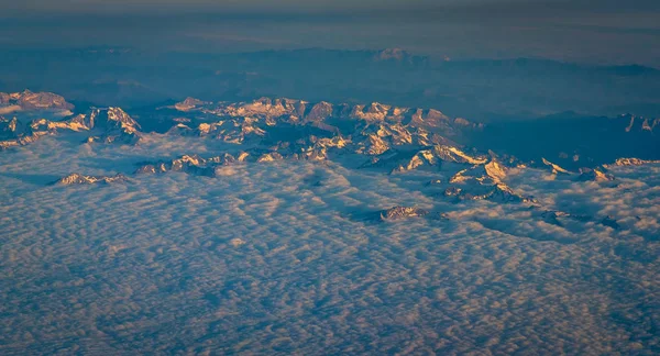 View Airplane Window Showing Clouds Mountains Central Europe Stock Picture