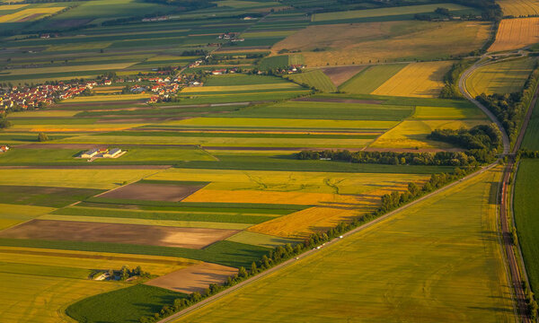 View from the airplane window showing fields in central europe
.