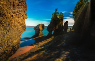 At Hopewell Rocks one can experience the world's highest tides and take a walk on the ocean floor. The tides rise up to 4 metres (13 vertical feet) per hour and can reach a height of up to 14 metres (46 feet) and are located in New Brunswick, New Eng clipart