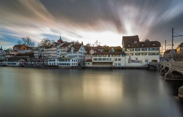 Panorama Langzeitbelichtung Des Historischen Zürcher Stadtzentrums Und Der Limmat Schweiz — Stockfoto