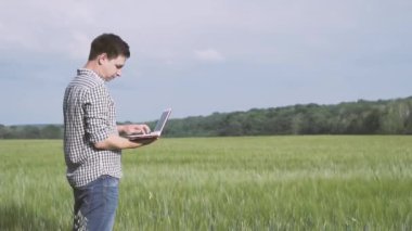 Siyah saçlı ve yeşil buğday alanında duran ve bir defter tarım teknolojisi alanında çalışan kareli gömlek çiftçi