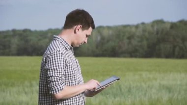 Siyah saçlı ve yeşil buğday alanında duran ve bir tablet tarım teknolojisi alanında çalışan kareli gömlek çiftçi