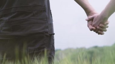 İki gay adam el ele tutuşarak yeşil buğday alan üzerinde yürüme