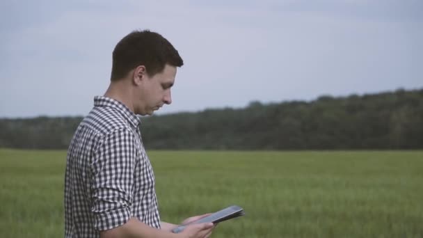 Agricoltore Con Capelli Neri Camicia Scacchi Piedi Nel Campo Del — Video Stock