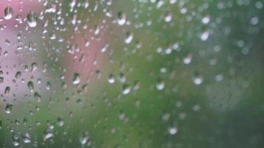 Camdaki su damlacıklarına yakın çekim. kamera hareketi sağdan sola