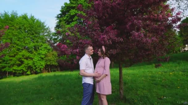 Un hombre con una mujer embarazada en un parque en primavera — Vídeo de stock