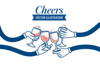 Şarap içme ve maden suyu, şerefe tungur gözlük, parti, dört el, düz vektör Illustration. Arkadaş grubu içecek.