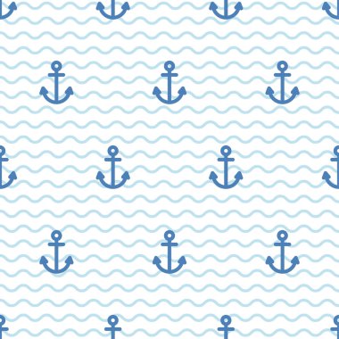 Çapa desen. Vektör düz deniz kesintisiz mavi model arka plan. Çapa ile şirin şablonu
