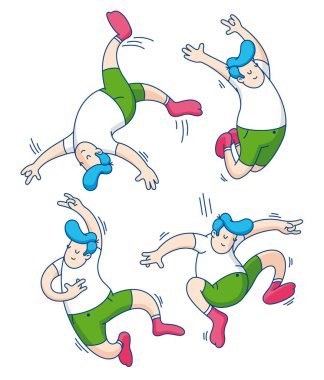 Atlama çocuklar illüstrasyon izole beyaz arka plan üzerinde vektör. Genç çocuk Zıplama, aynı tarzda aynı karakter giyen çorap, anahat, düz tasarım