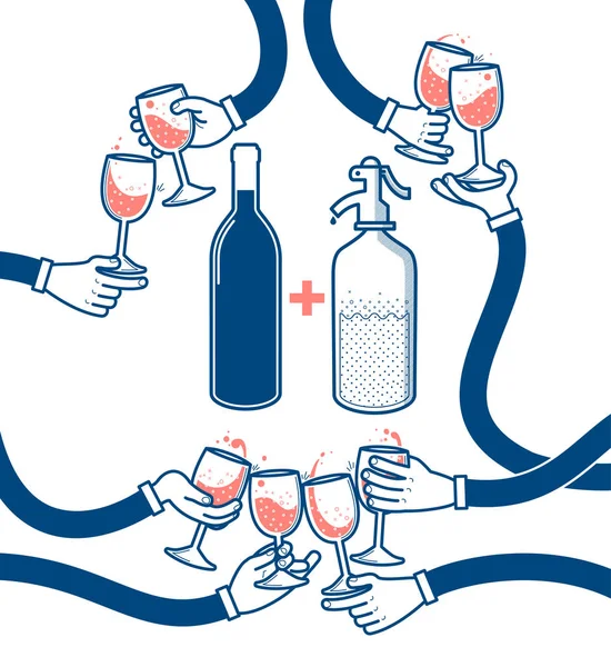 Platte Vectorillustratie Van Het Drinken Van Wijn Frisdrank Cheers Rammelende — Stockvector