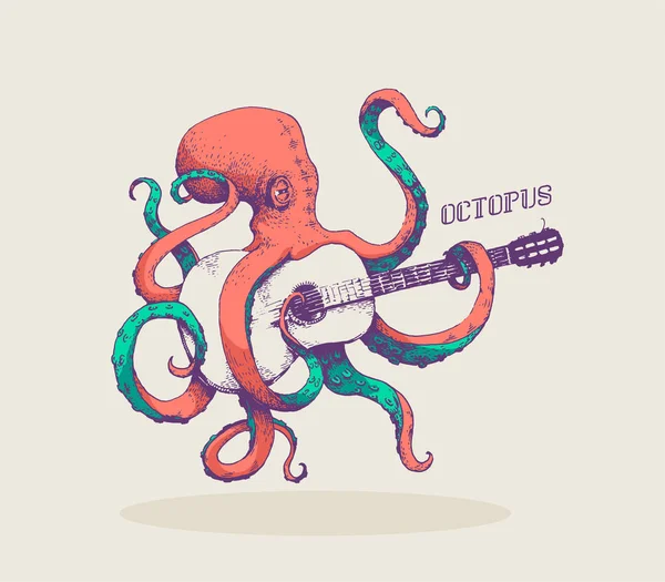 Ahtapot. Renkli ahtapot oyun gitar, elle çizilmiş, vintage illüstrasyon vektör çizim