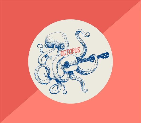 Ahtapot. Ahtapot oyun gitar, elle çizilmiş, vintage illüstrasyon vektör çizim