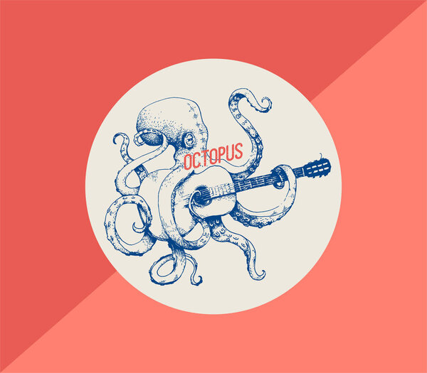 Octopus. Vector illustration of octopus playing guitar, hand drawn, vintage illustration