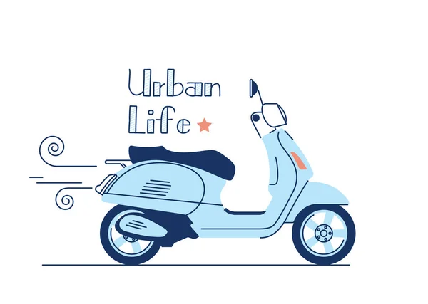 Голубой Винтажный Скутер Векторная Иллюстрация Городская Жизнь Езда Мотоцикле Городу — стоковый вектор