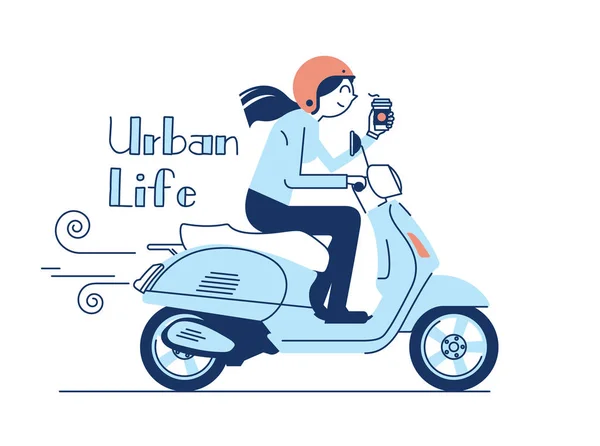 Şehir vektör çizim düz tasarım Retro scooter sürme. Kadın kask binme vintage motosiklet, yan görünüm arıyorum. Kentsel yaşam. Kahve falan içmek için elinde.