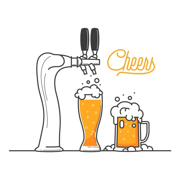 Şerefe dostum. Vektör illustraion bir bar ve bira dokunun bira iki cam izole. Oktoberfest Almanya. Pub menü illüstrasyon için iyi. Soğuk içecek sıcak bir günde. Kutlamak ve iç.