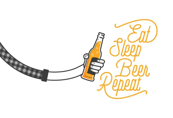 吃睡眠啤酒重复书法设计和手拿着一杯啤酒在格子衬衫向量说明 酒吧或餐厅的装饰设计 供醉酒人士使用的冷饮 — 图库矢量图片