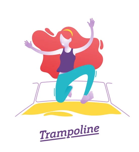 女の子 女性は楽しいトランポリンで遊んでいる公園 幸せな若い 赤髪少女ジャンプします チョンは再びベクトル イラスト — ストックベクタ