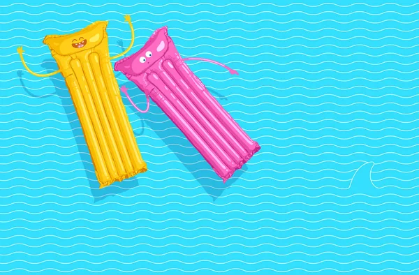 Vektör Illustration iki yüzer Hava minder yaz aylarında eğlenceli ve bir köpekbalığı su korkuyor olması. Sarı ve pembe bir tatil minder