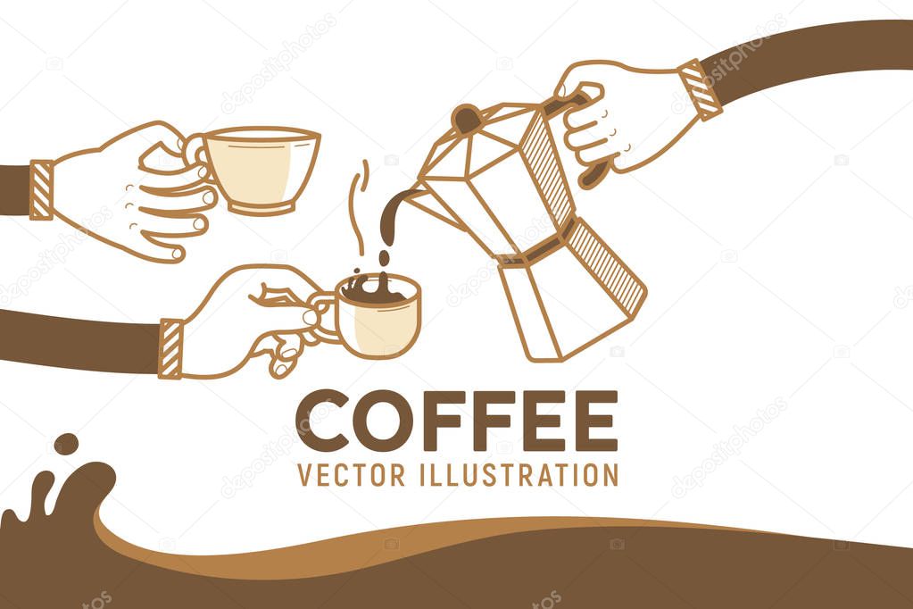 Drinking coffee with friends vector illustration. Coffee break and human hands with a cup os hot coffee. Flat retro style on white background
